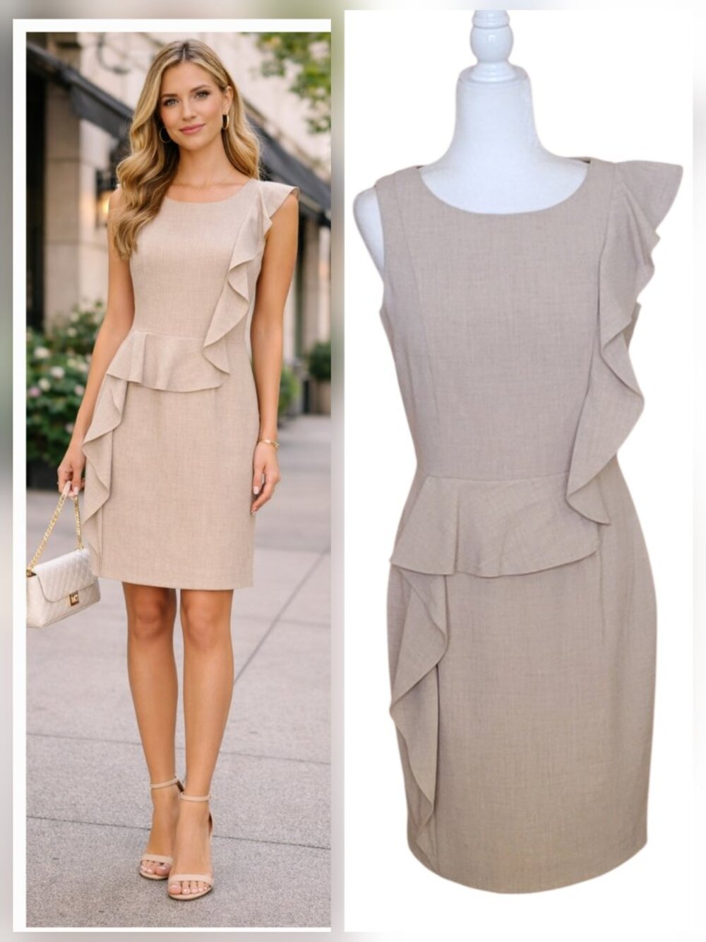 Calvin Klein Sheath Dress Beige Asymmetrical Ruffle Career Wedding Guest Sz 8